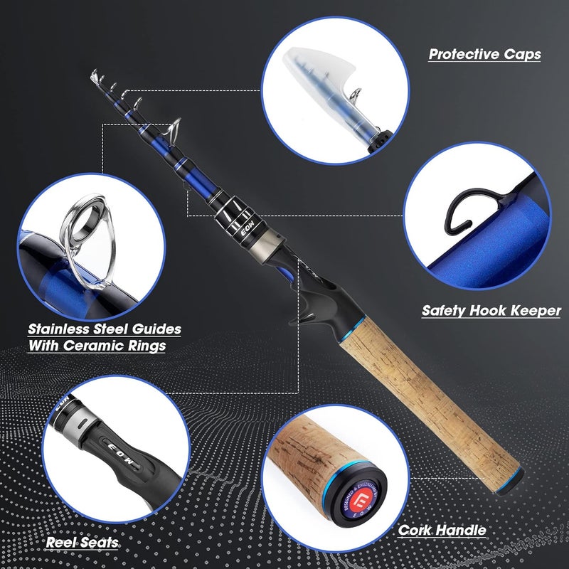 EOW XPEDITE PRO Portable Telescopic Casting and Spinning Fishing Rods, 24T Carbon Blanks & Solid Carbon Tip, Cork Handle, Travel Rod, Short Collapsible Rods - Image 2